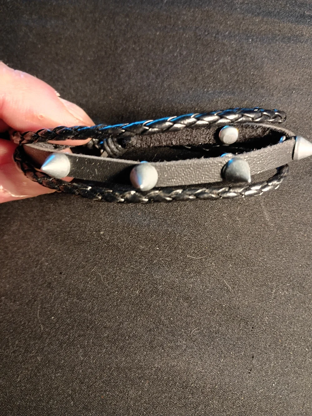 Men's Black Braided Leather Bracelet with Stud Details